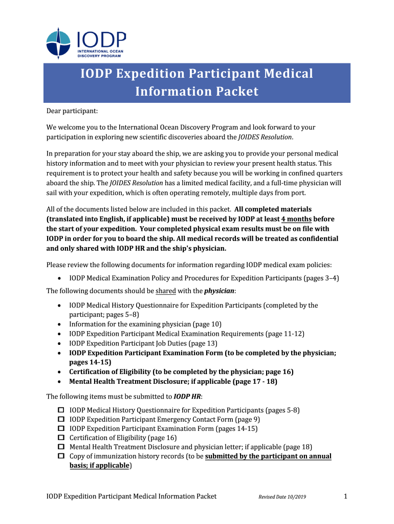  IODP JRSO Expedition Participant Medical Information Packet 2019-2024