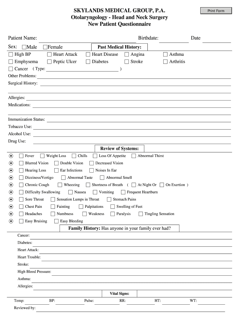 SKYLANDS MEDICAL GROUP, P a Otolaryngology Head and Neck  Form