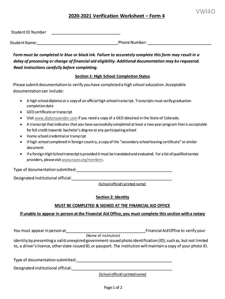 Verification Worksheet for IndependentDependent Student Form 4
