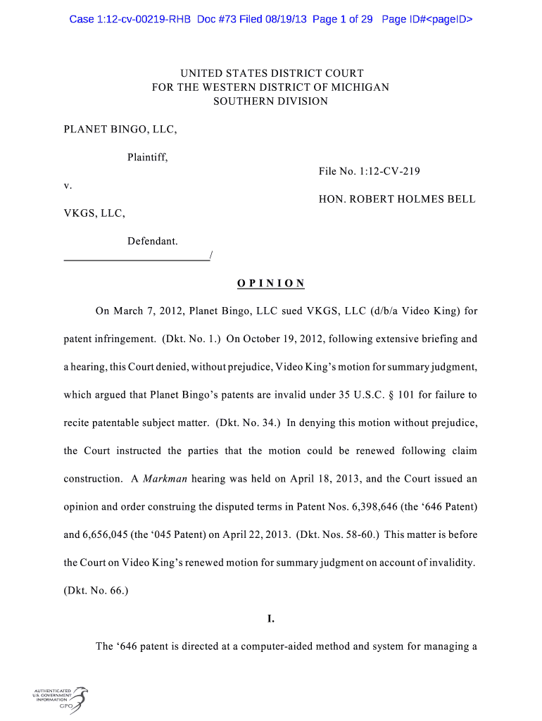 Case 112 Cv 00219 RHB DOC #73 Filed 081913 Page 1 of 29 Page ID#  Form