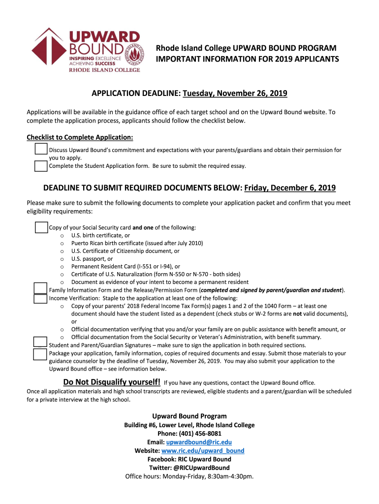 Get and Sign Rhode Island College UPWARD BOUND PROGRAM RIC 2019-2022 Form