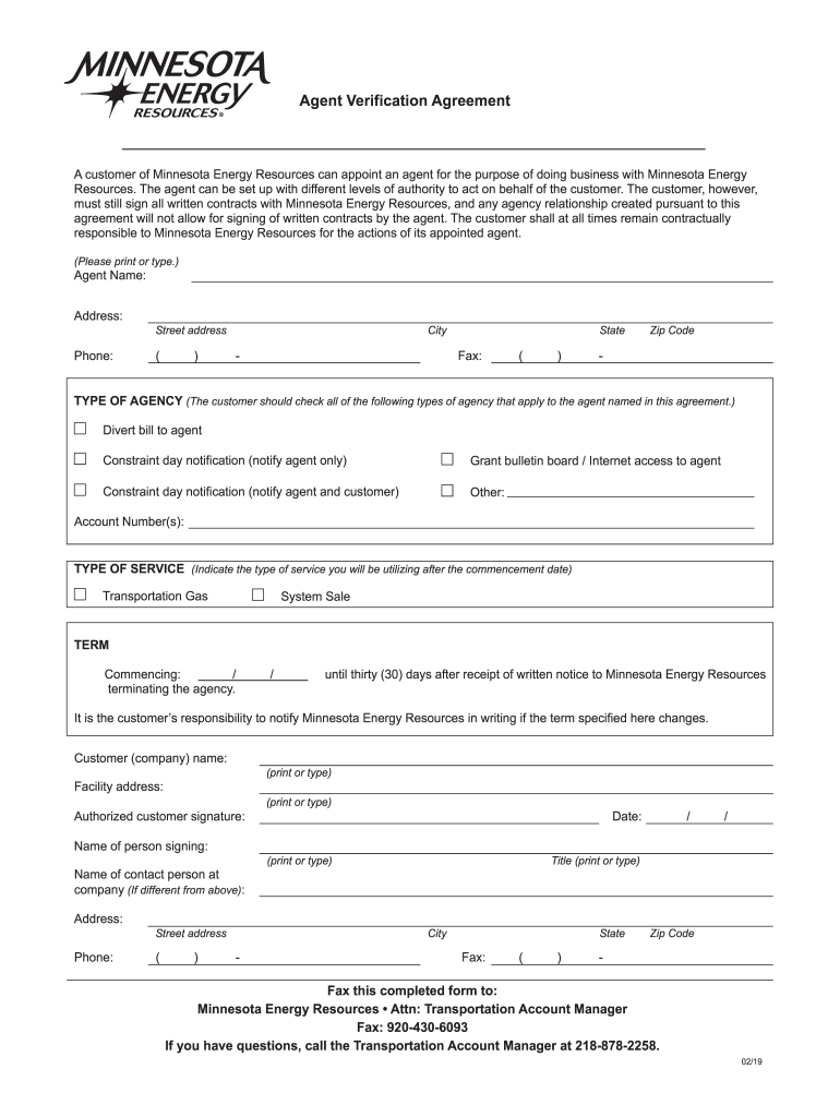 A Customer of Minnesota Energy Resources Can Appoint an Agent for the Purpose of Doing Business with Minnesota Energy  Form