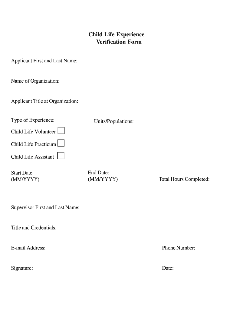 Child Life Internship Application Experience Verification Form