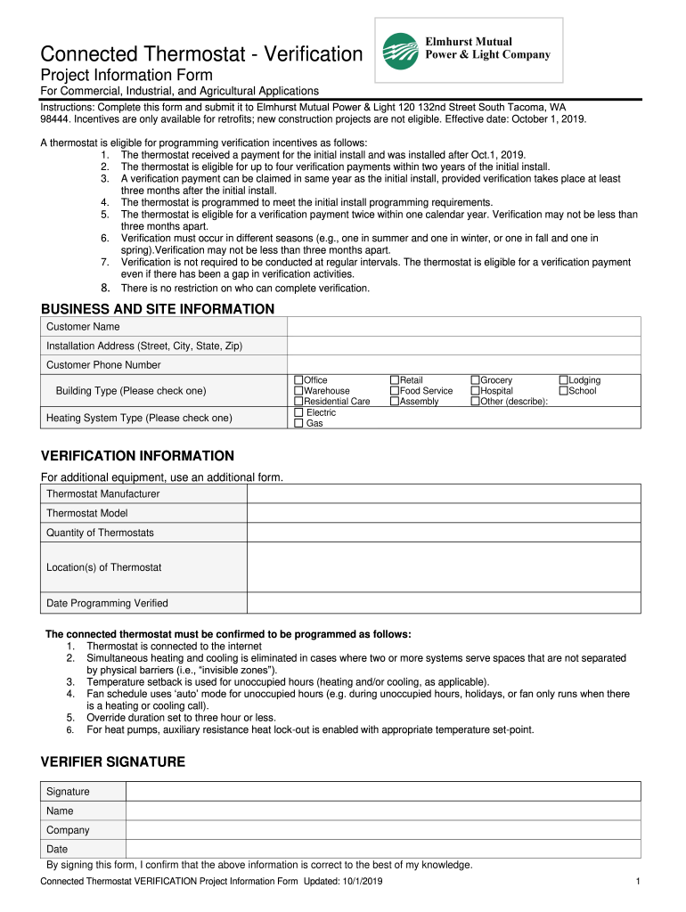 Connected Thermostat Verification Elmhurst Mutual Power  Form