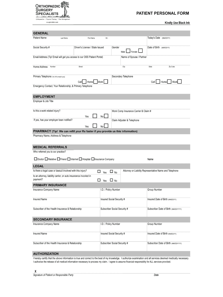 New Patient Forms and Checklist OSS Glendale