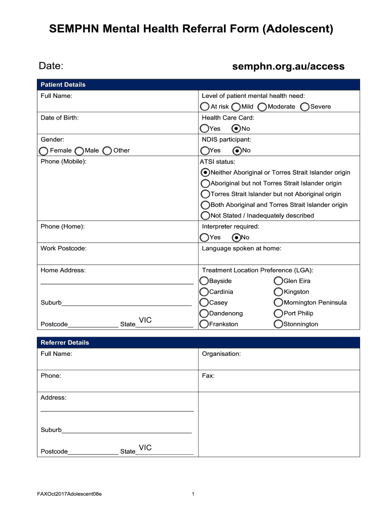 SEMPHN Mental Health Referral Form Adolescent