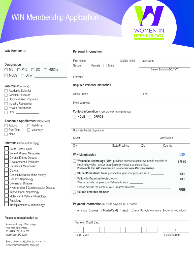 WIN Membership Application Become a Member of Women in Nephrology WIN  Form