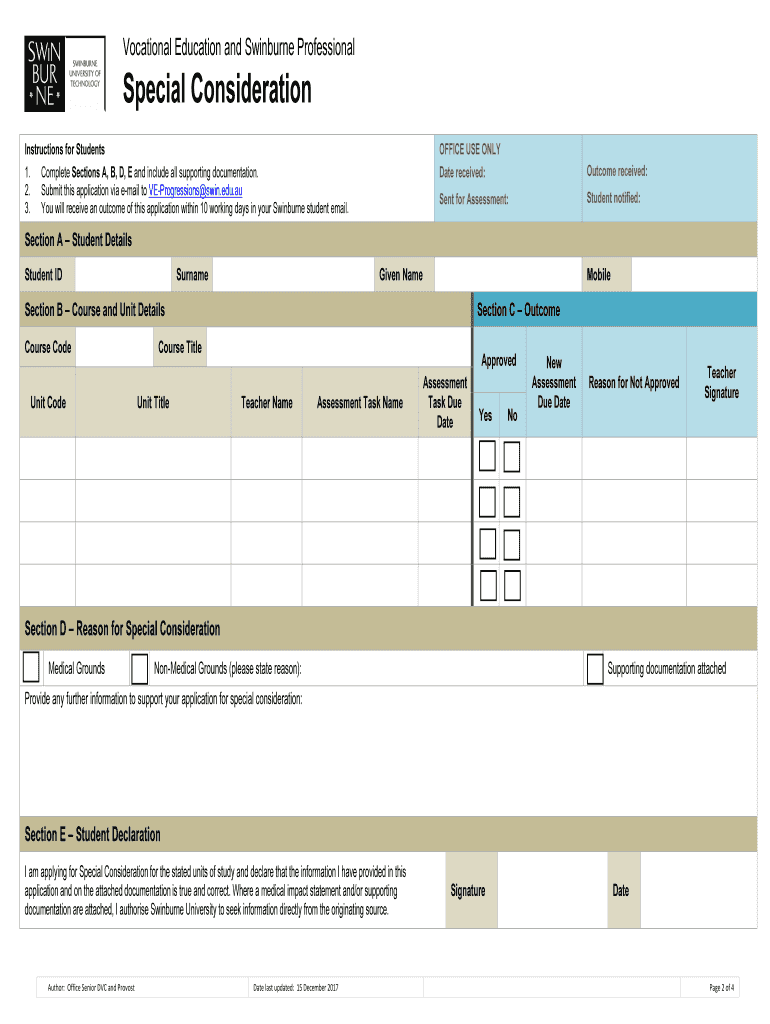 Special Consideration Form Swinburne University