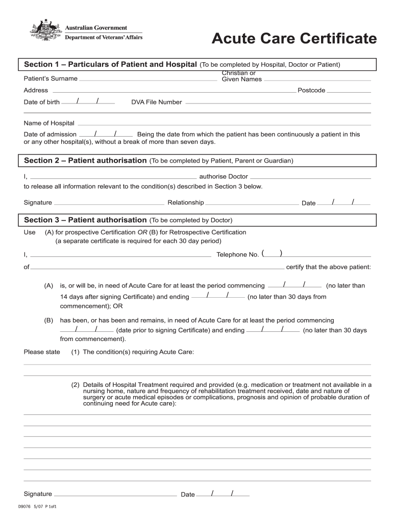 Section 1 Particulars of Patient and Hospital to Be Completed by Hospital, Doctor or Patient  Form