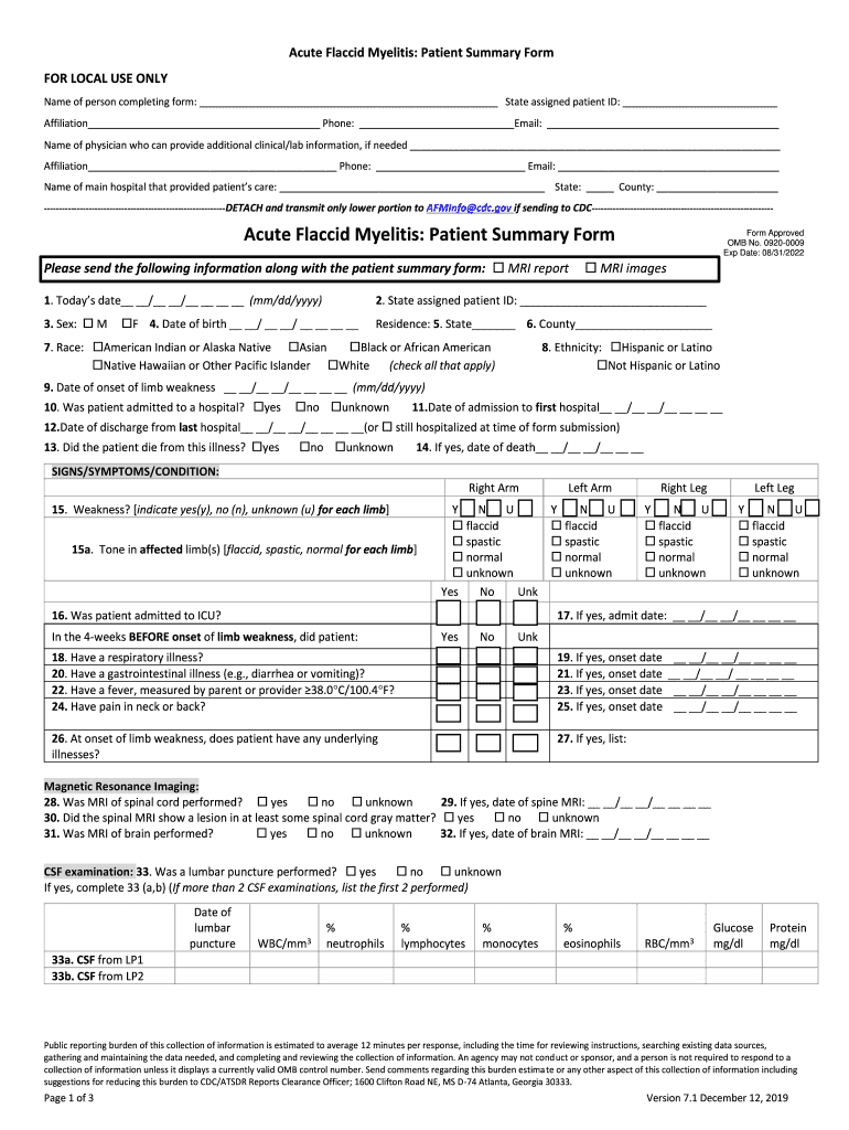 Acute Flaccid Myelitis Patient Summary Form Centers for