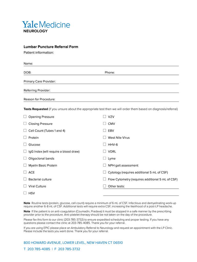 Lumbar Puncture Referral Form Yale Medicine