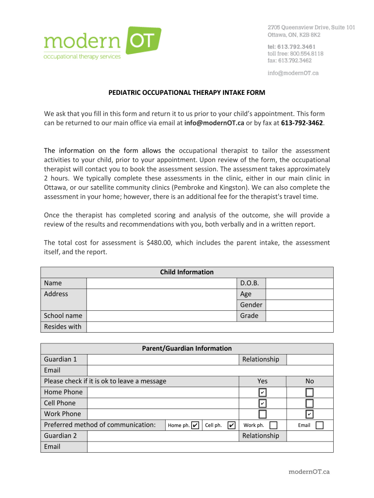 We Ask that You Fill in This Form and Return it to Us Prior to Your Childs Appointment