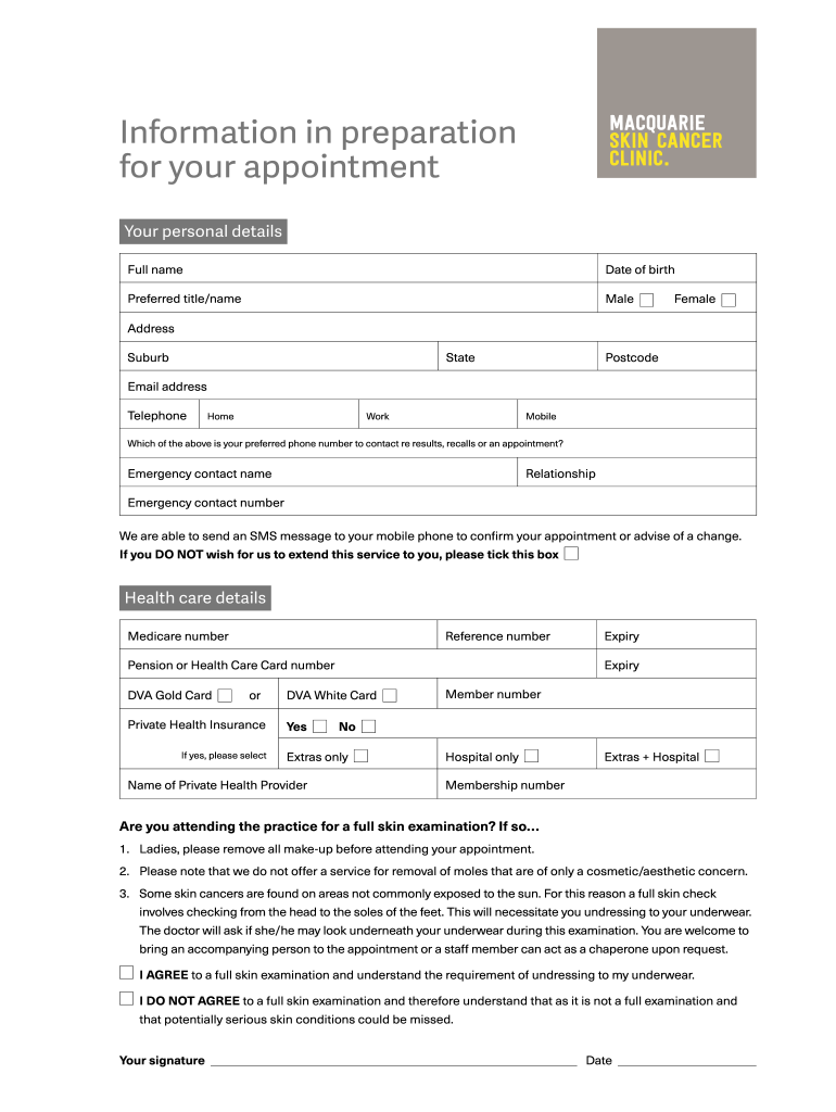 Macquarie Skin Cancer Clinic Pre Appointment Form