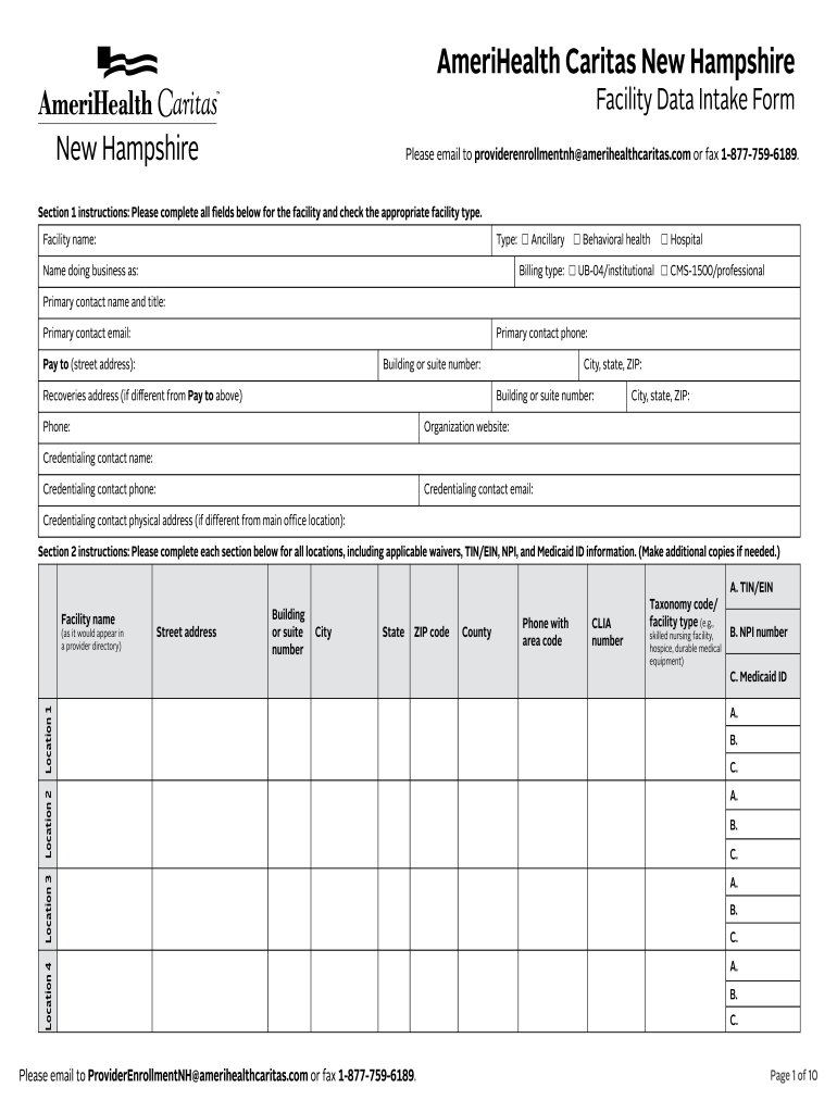 Facility Data Intake Form Providers AmeriHealth Caritas New Hampshire Facility Data Intake Form