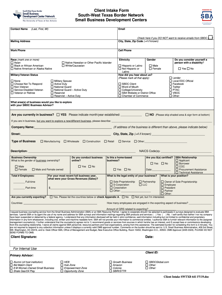 Client Intake Form South West Texas Border Network Small