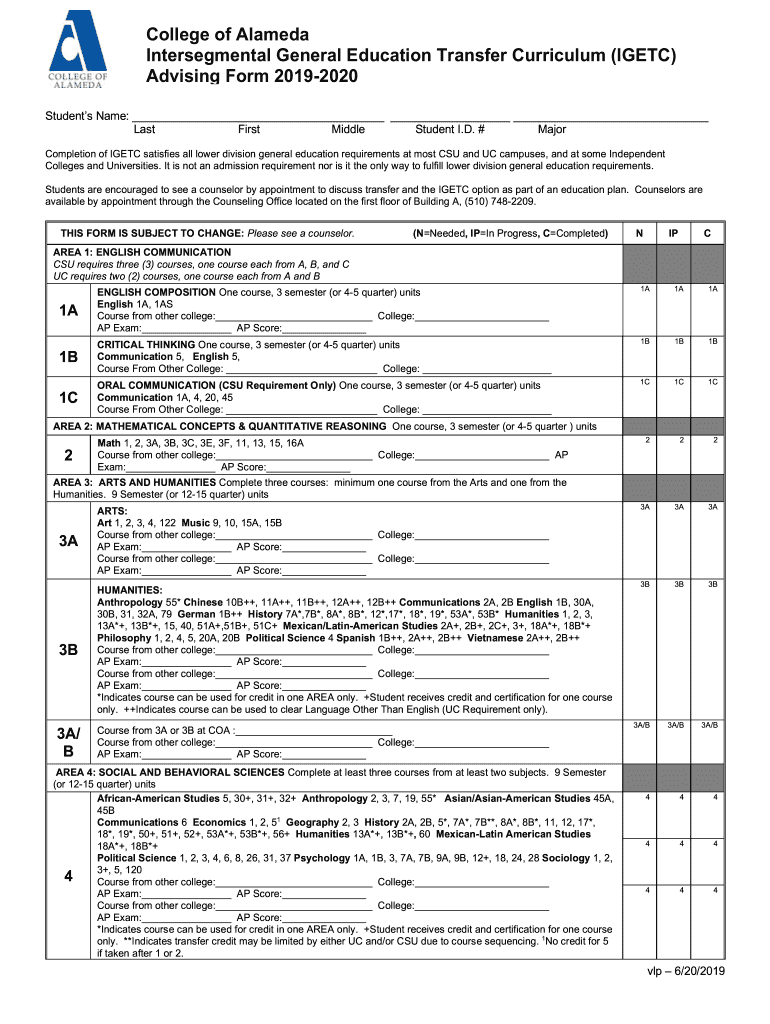 College of Alameda Intersegmental General Education  Form