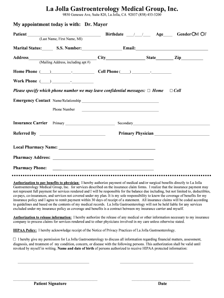 La Jolla Gastroenterology Medical Group Patient Forms La