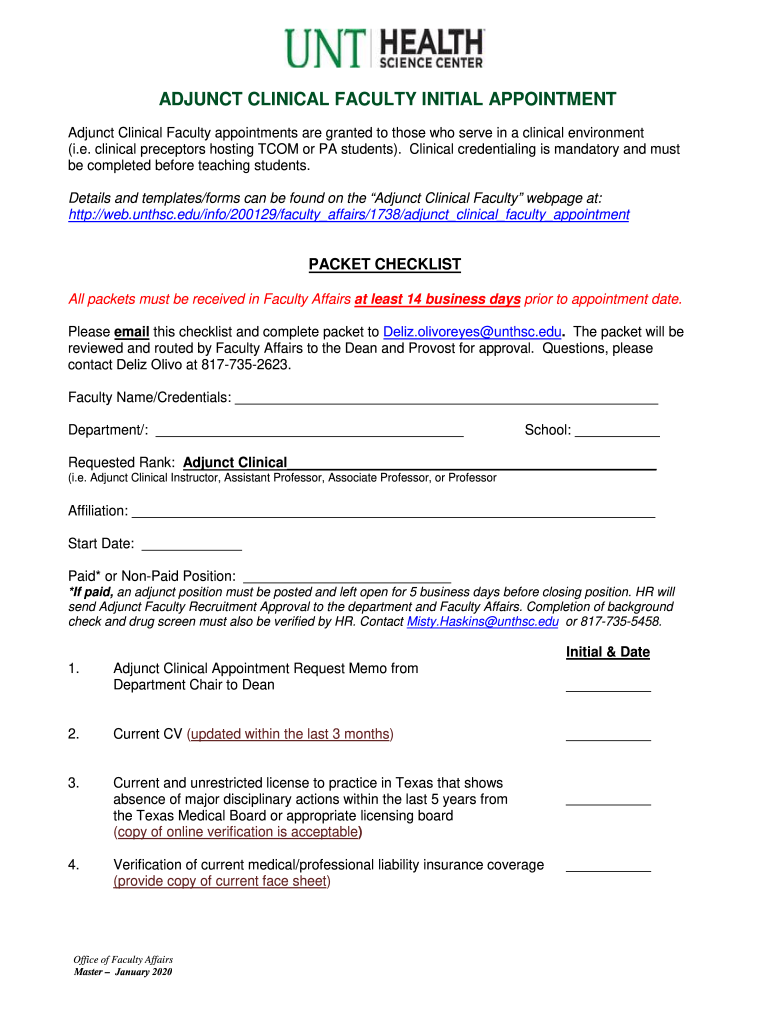 Adjunct Non Clinical Appointment Packet Checklist  Form