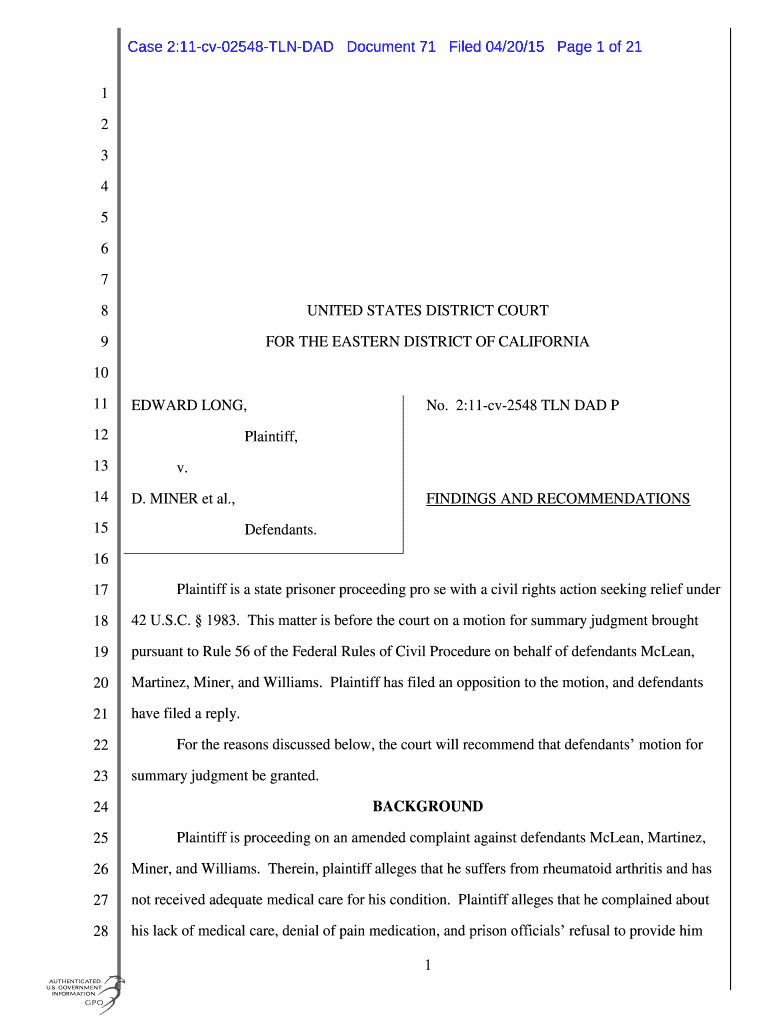 Case 211 Cv 02548 TLN DAD Document 71 Filed 042015 Page 1 of 21  Form