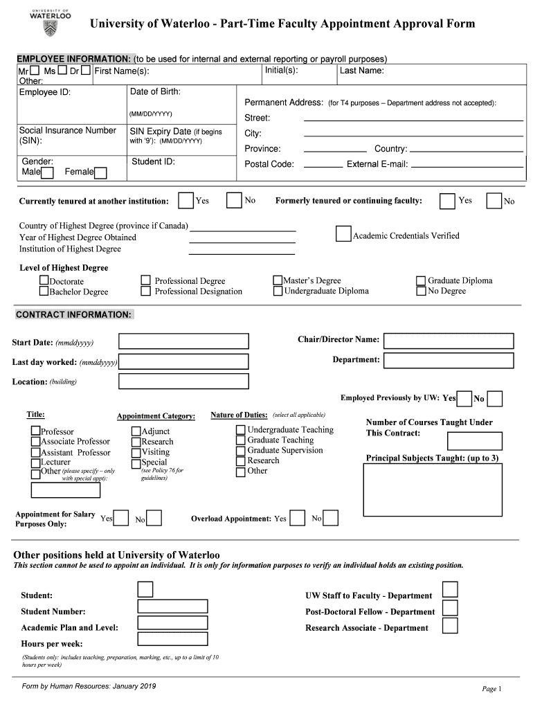 Part Time Faculty Appointment Approval Form