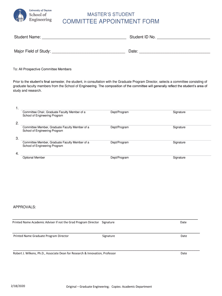  UD School of Engineering Master's Student Committee Appointment Form 2020-2024