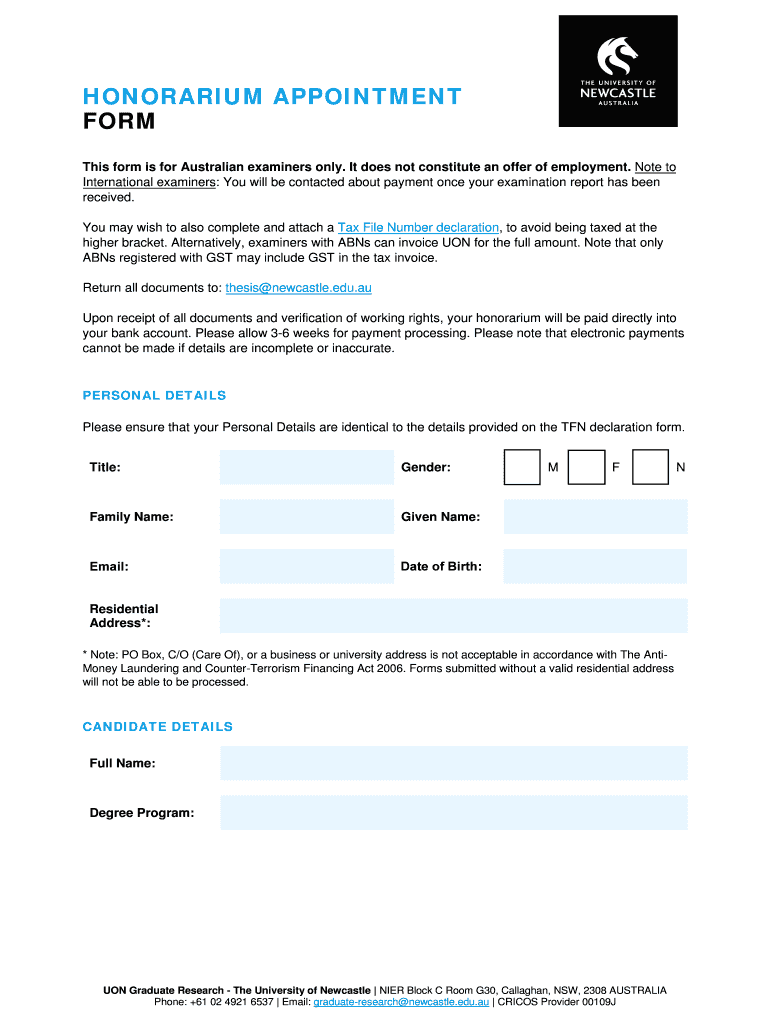 Honorarium Appointment Form University of Newcastle