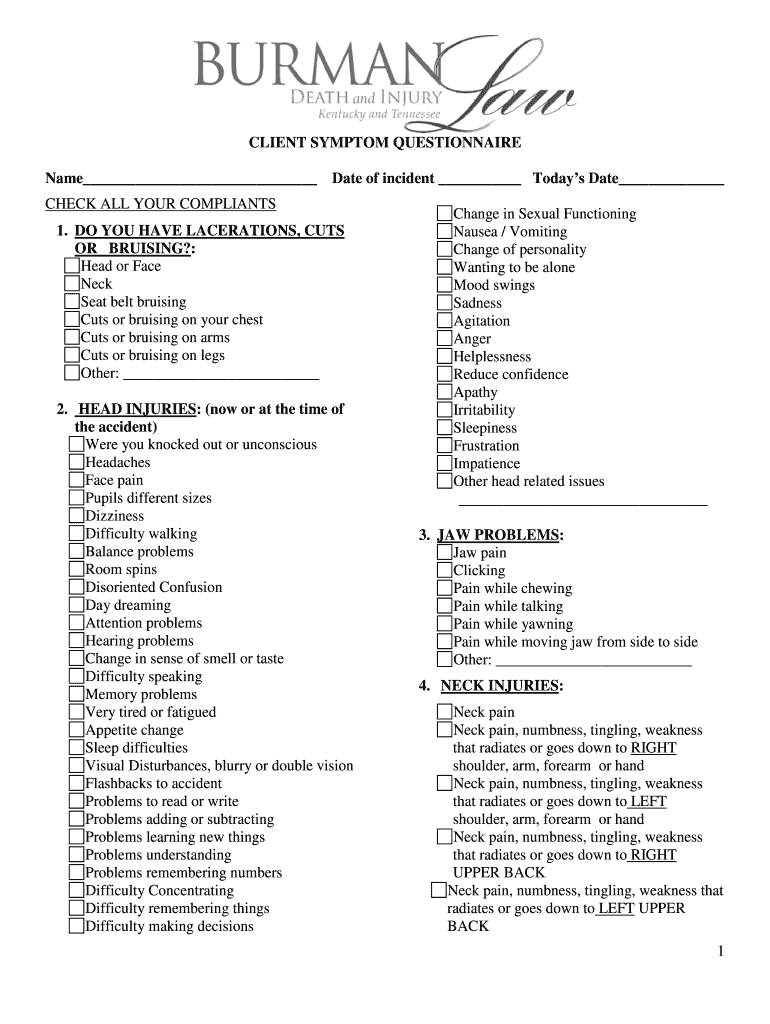 CLIENT SYMPTOM QUESTIONNAIRE Check Boxesdoc DOC  Form