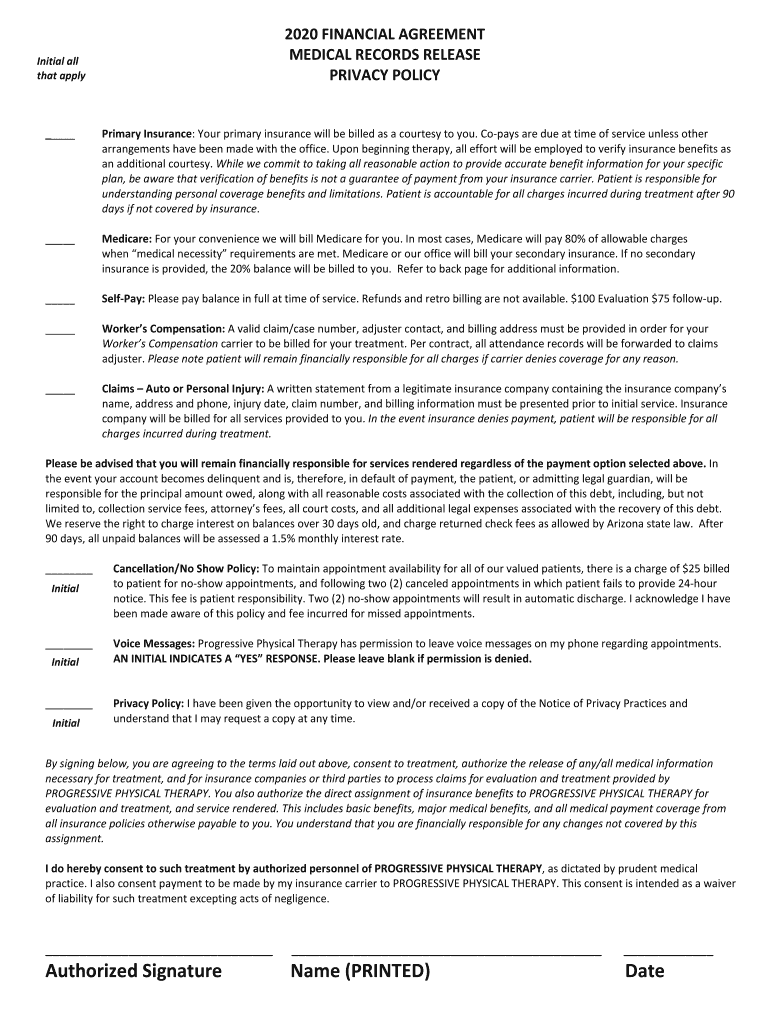 FINANCIAL AGREEMENT and AUTHORIZATION to RELEASE MEDICAL RECORDS  Form