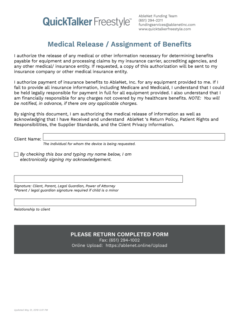 Medical Release Assignment of Benefits QuickTalker  Form