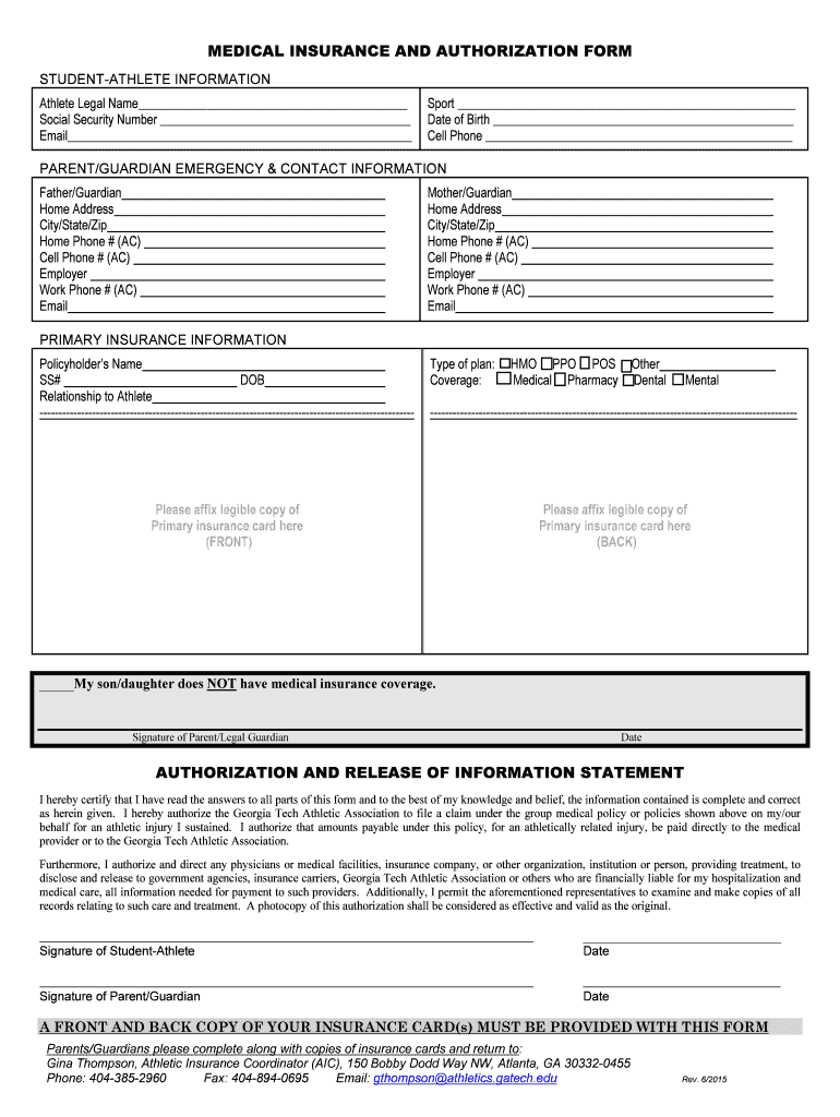 MEDICAL INSURANCE and AUTHORIZATION FORM