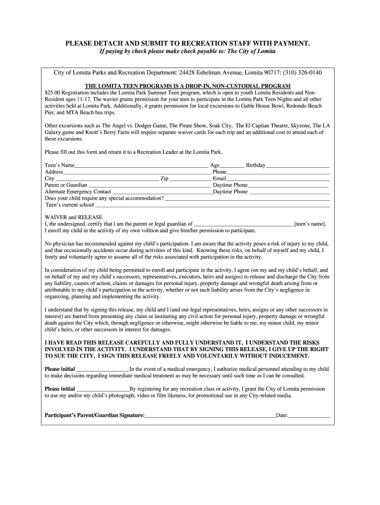 Lomita Teen Program Parental Fact Sheet and Waiver  Form