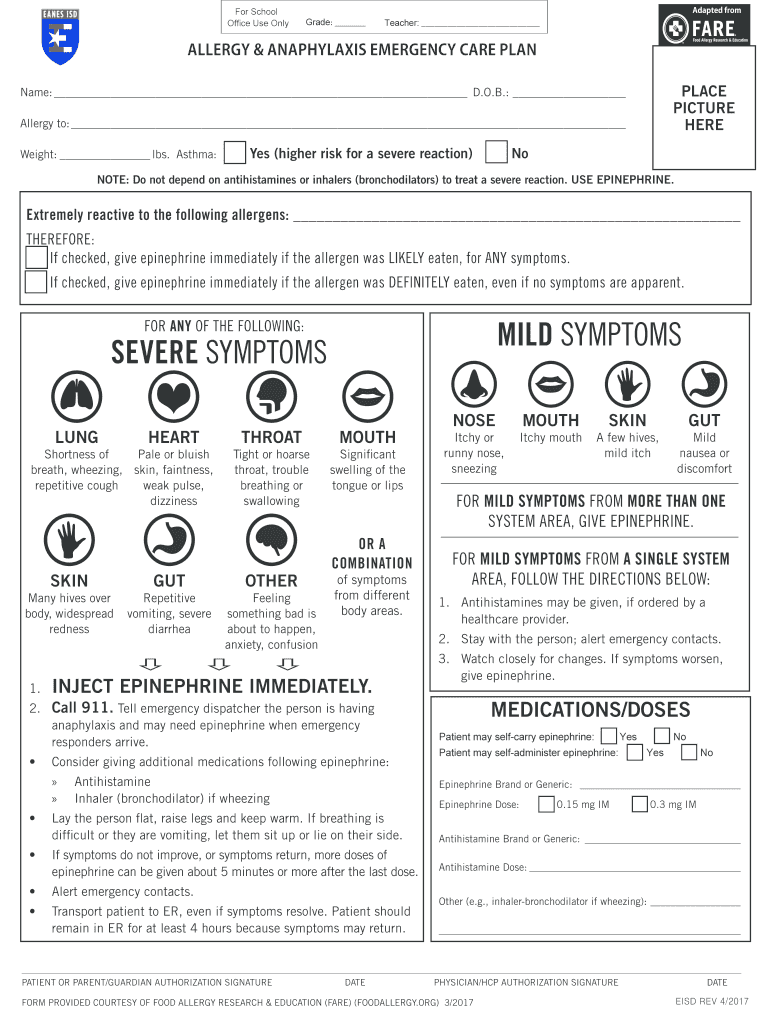 Allergy Anaphylaxis Emergency Care PlanManualzz  Form