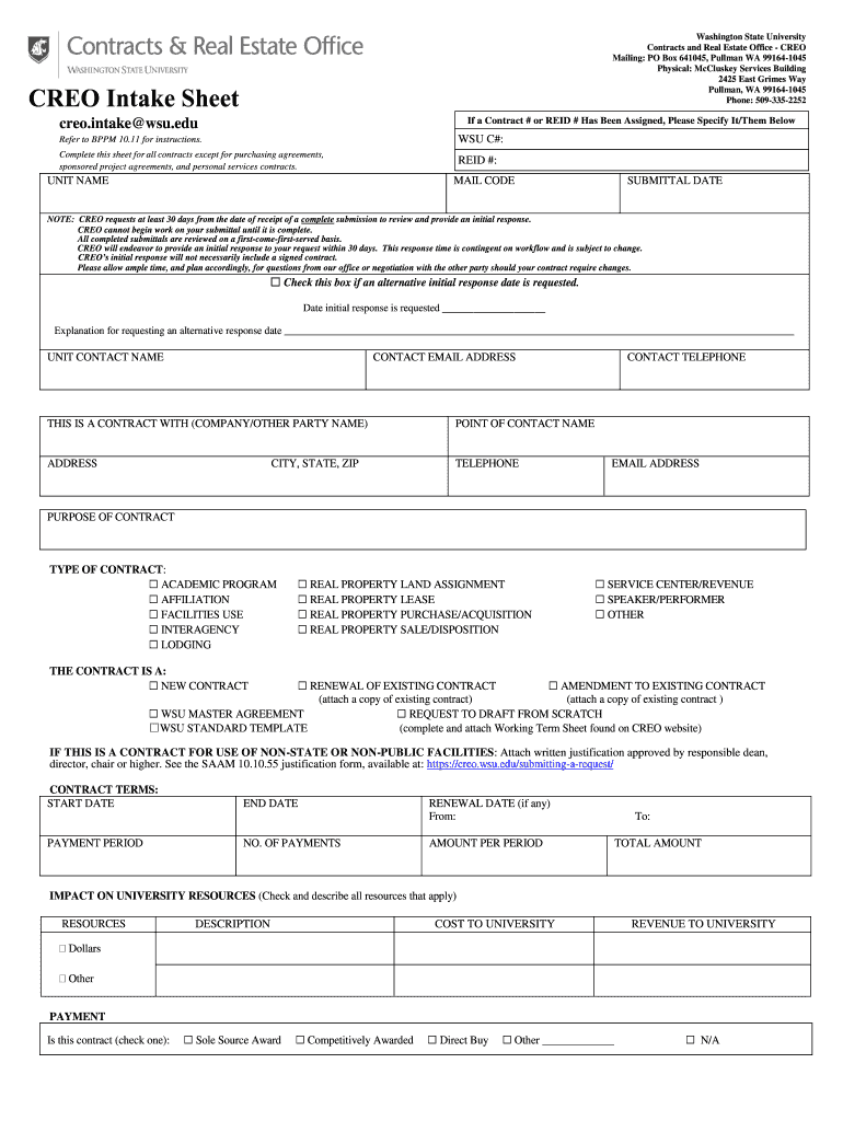 CREO Intake Sheet CIS Washington State University  Form