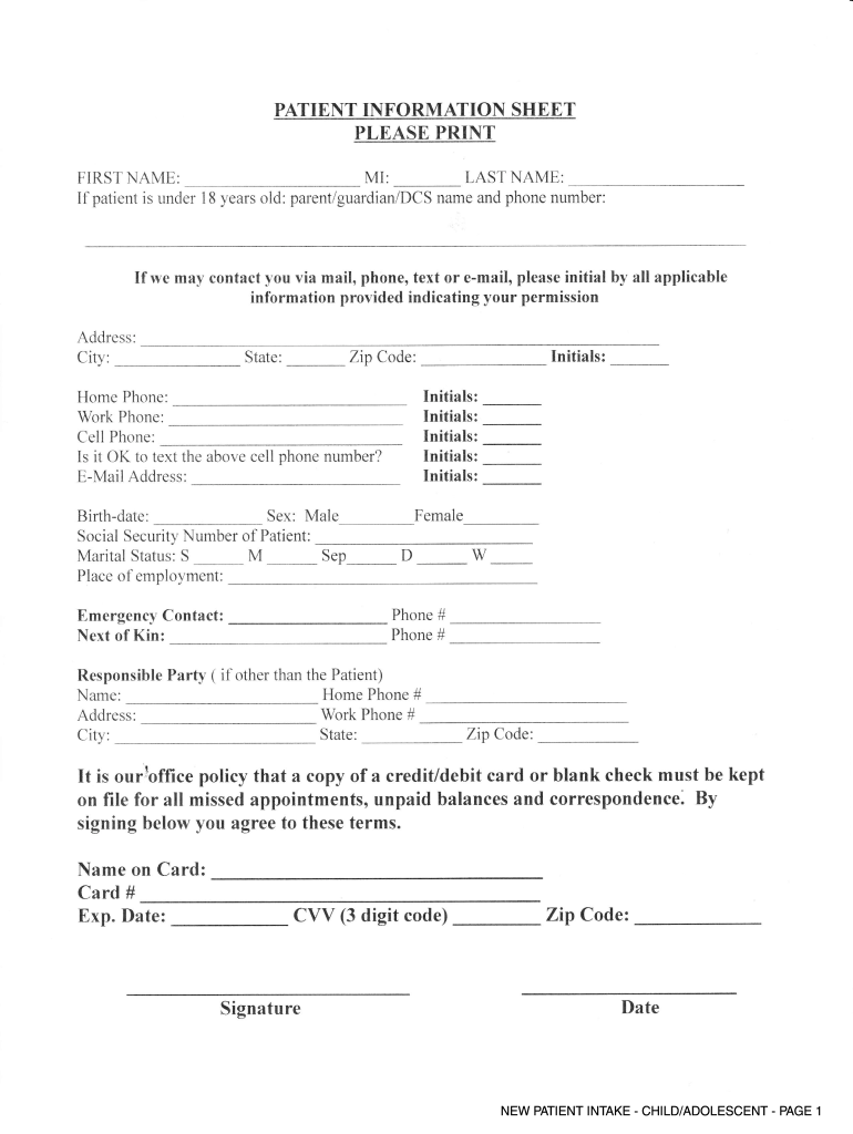 NEW PATIENT INTAKE CHILDADOLESCENT PAGE 1  Form