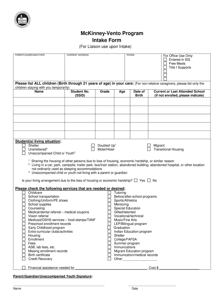 Mckinney Vento Intake Sample Form