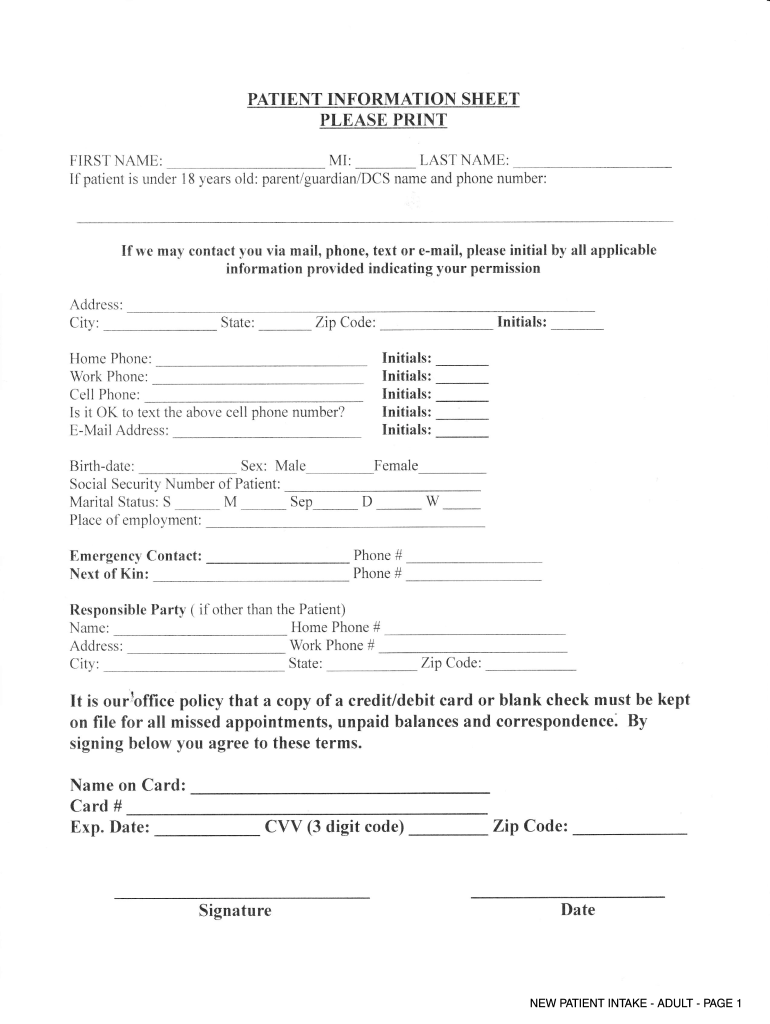 NEW PATIENT INTAKE ADULT PAGE 1  Form