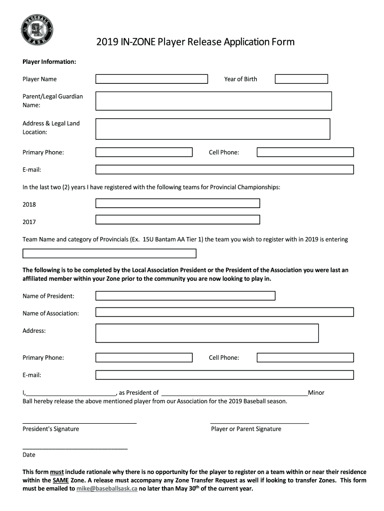  in Zone Player Release Application Form Baseball Sask 2019