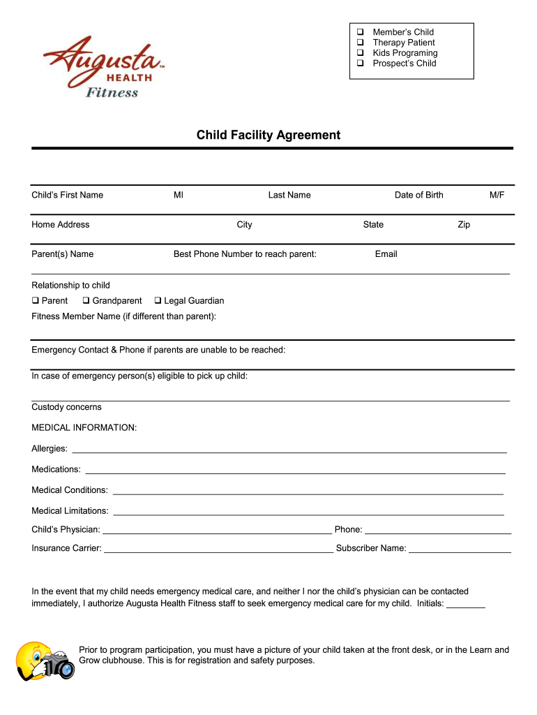 Augusta Health Fitness Child Facility Agreement  Form