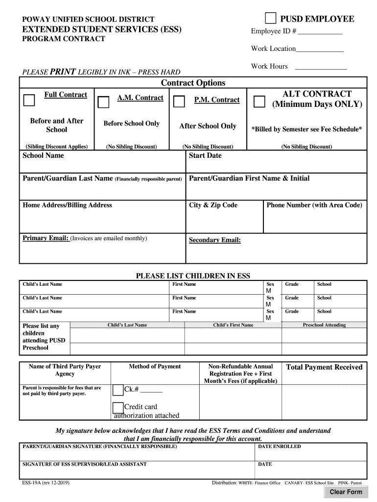 POWAY UNIFIED SCHOOL DISTRICT EXTENDED STUDENT SERVICES  Form