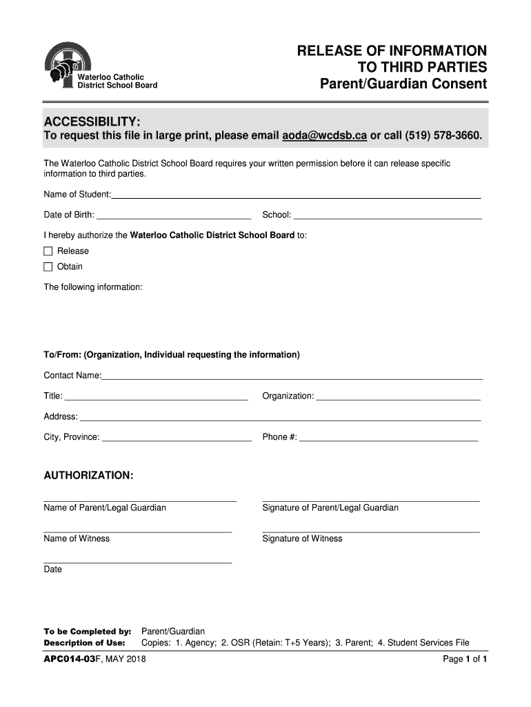 Waterloo Catholic ParentGuardian Consent District School  Form