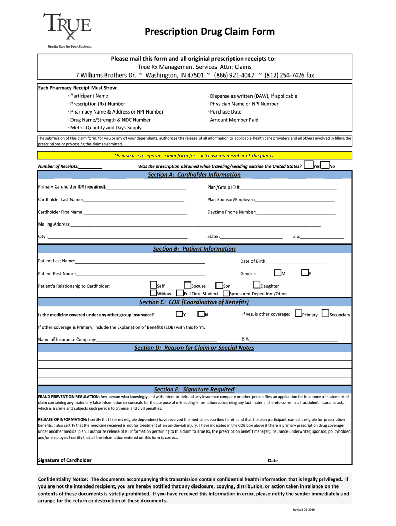 Prescription Drug Claim Form True RX Management Services