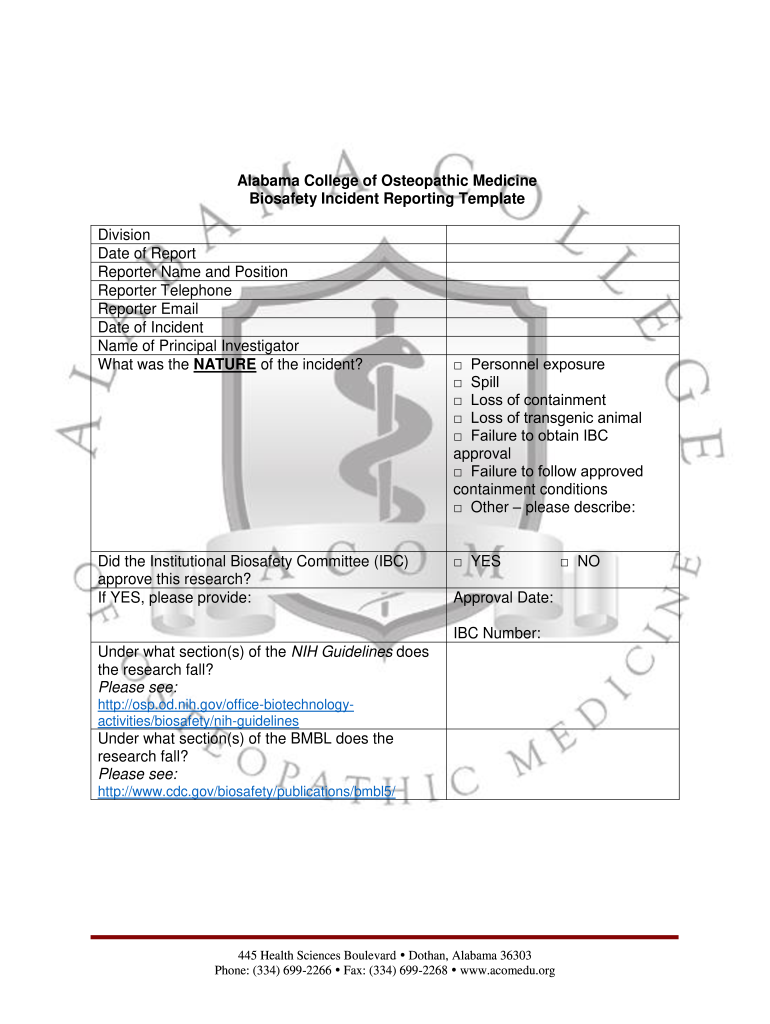 Biosafety Incident Reporting Template  Form