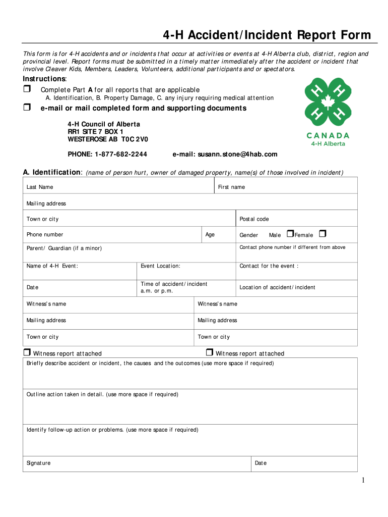 AccidentIncident Report Form 4 H Alberta