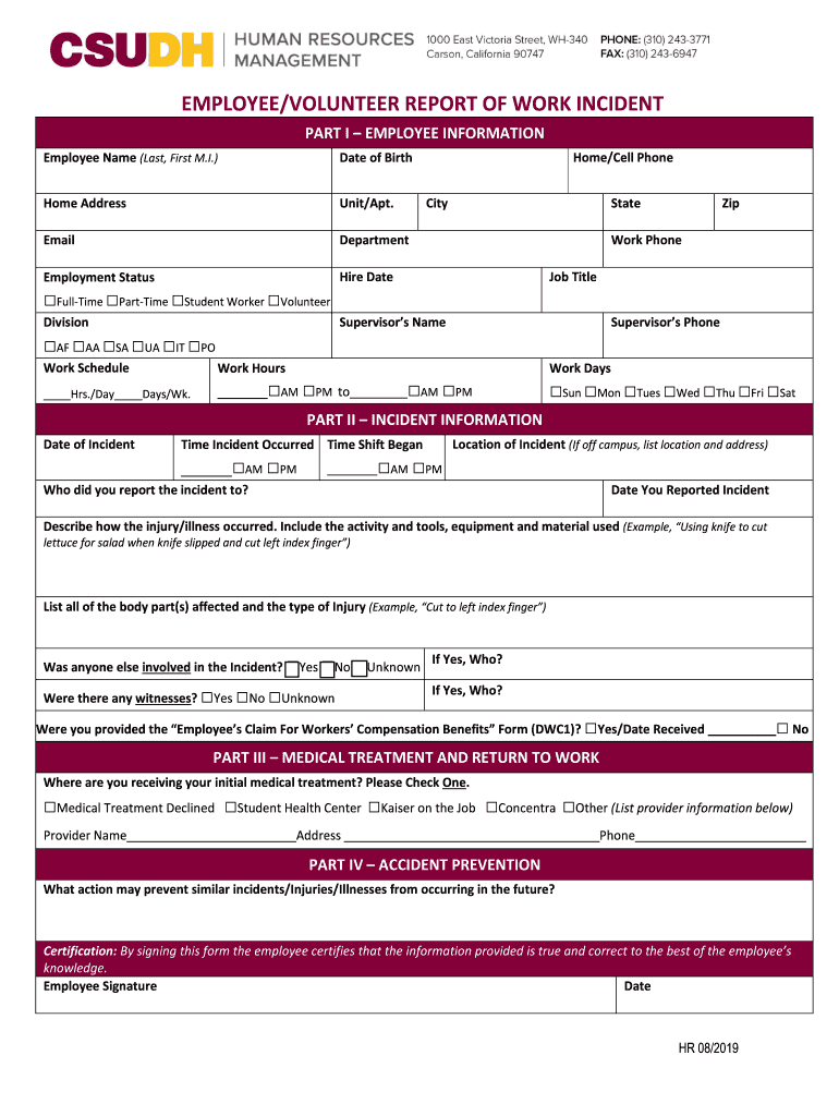  EMPLOYEEVOLUNTEER REPORT of WORK INCIDENT 2019-2024