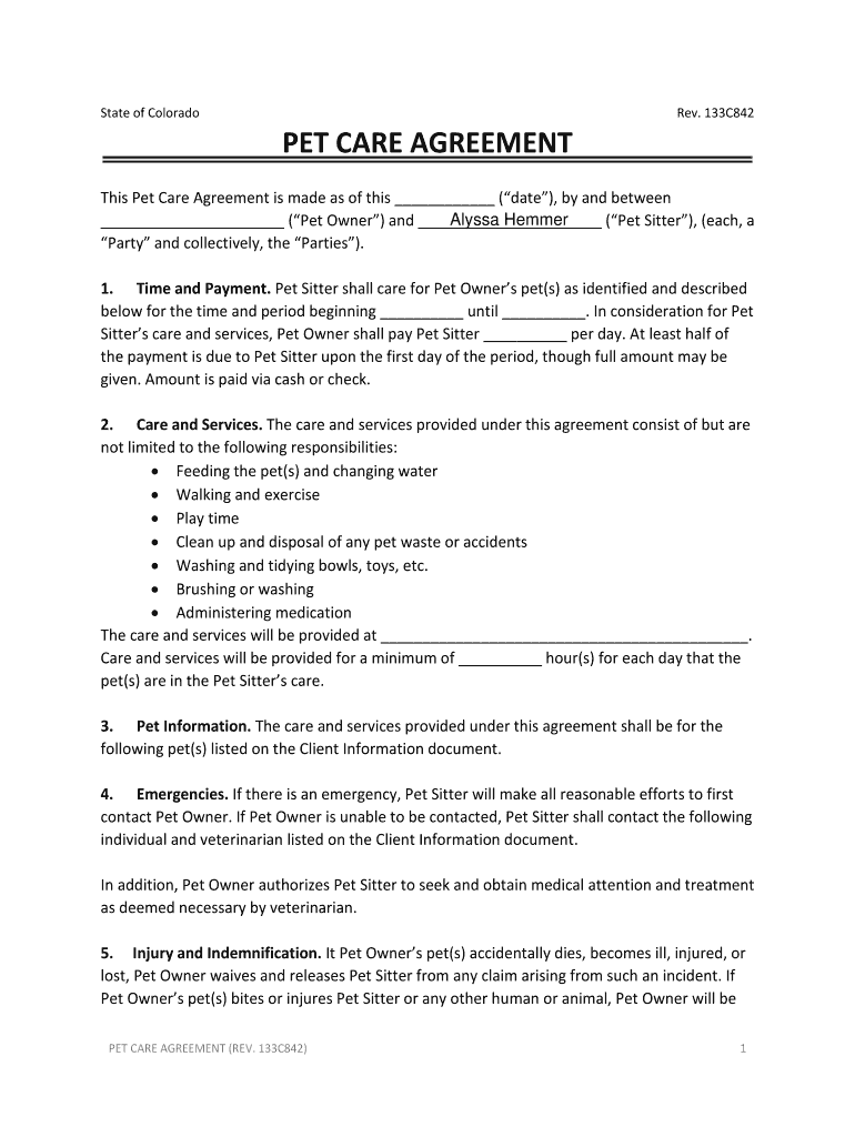 Pet Care Agreement Alyssa's Pet Sitting  Form