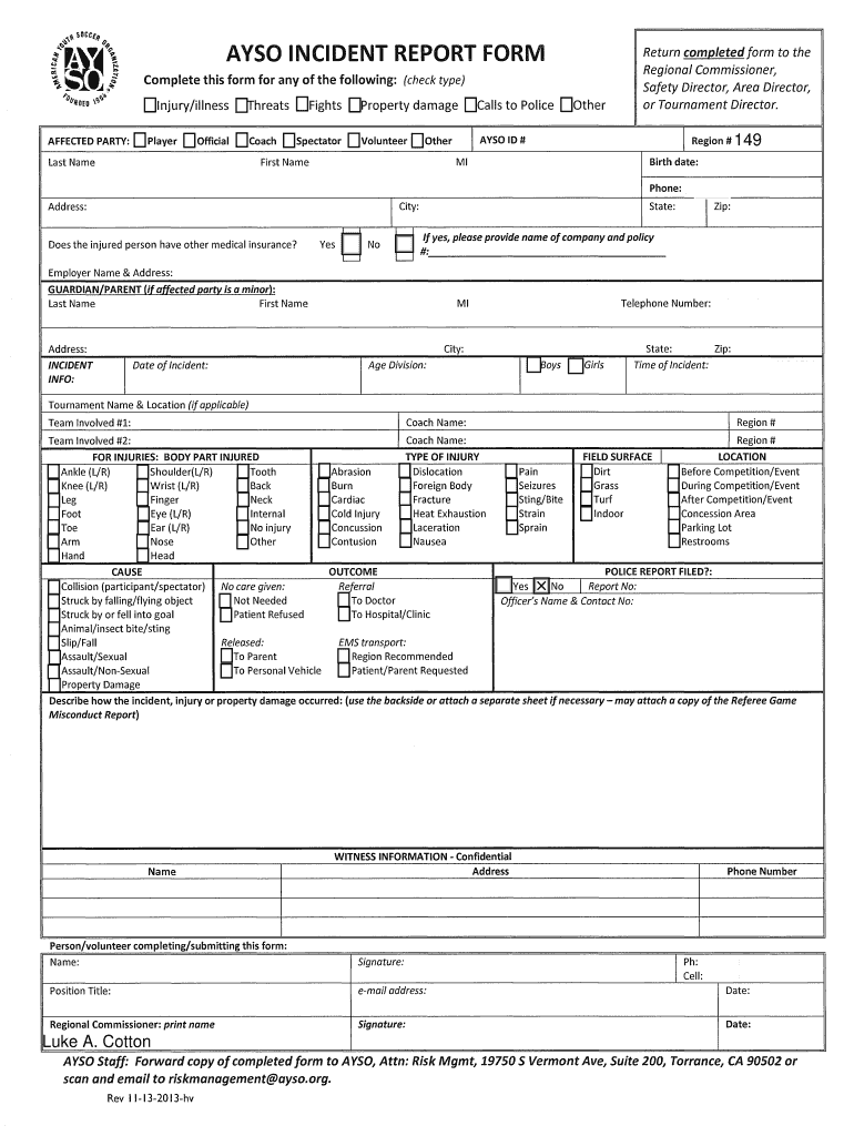  Avso Incident Report Form I AYSO Corvallis Soccer 2013