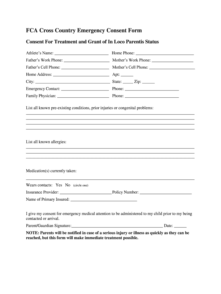 FCA Cross Country Emergency Consent Form
