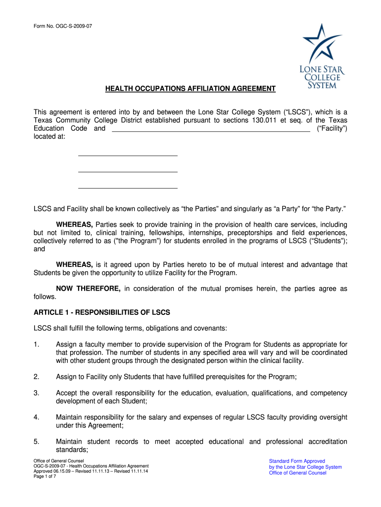 Education Affiliation Agreement Lone Star College  Form