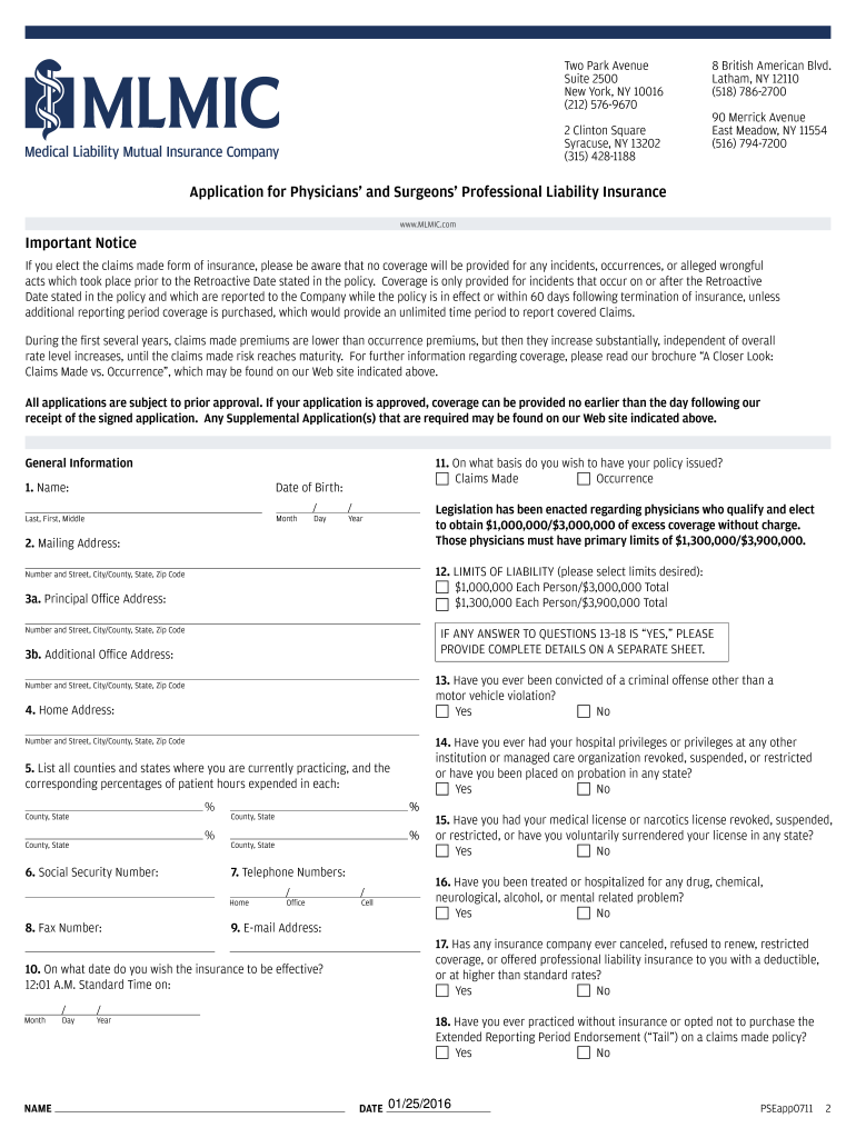  Supplement to Application for Physicians' and MLMIC Com 2011