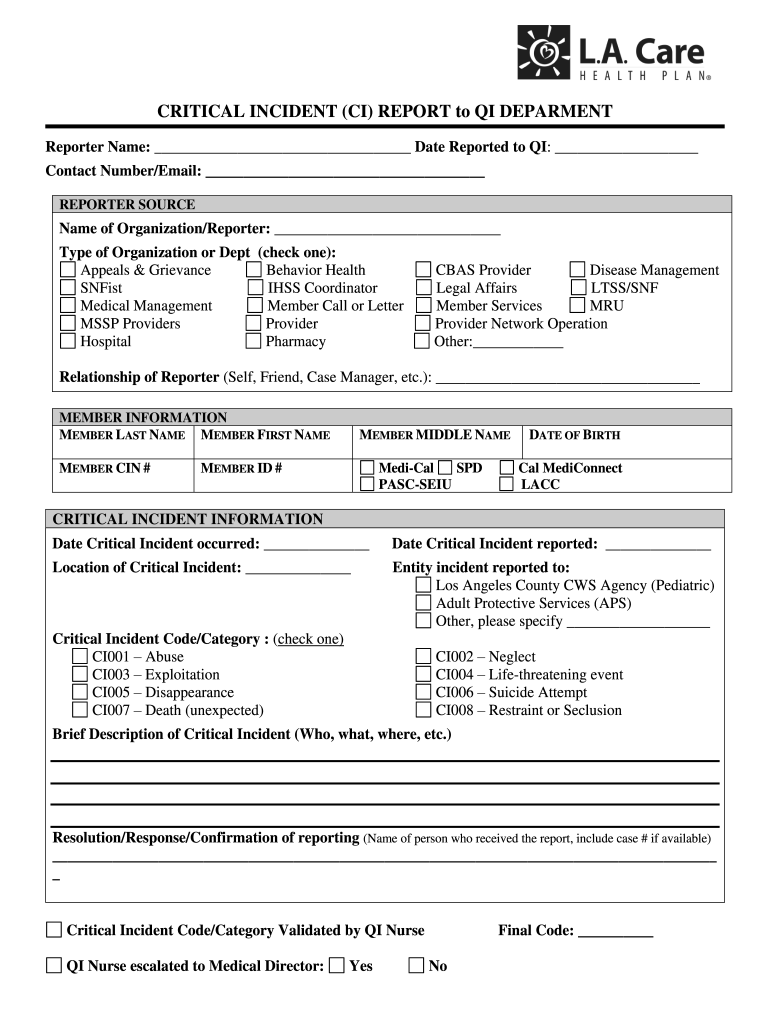 Critical Incident Report to Quality Improvement Department Critical Incident Report to Quality Improvement Department  Form